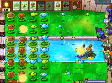 A lawn defended by plants in Plants vs. Zombies